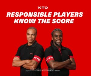 Denílson, KTO Brand Ambassador, and Tinga, KTO Social Ambassador, standing side by side. Both are smiling and posing together for the camera. Image captured for KTO’s Responsible Gambling campaign.